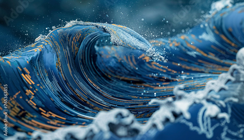 A large wave crashing into the ocean, with a blue and white color scheme. Scene is powerful and dynamic, as the wave appears to be in motion and has a strong presence in the scene