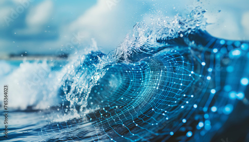 Futuristic digital wave energy flow in blue abstract background, A wave in the ocean with a blue and white background. The wave is made up of many small dots, giving it a digital appearance © BrightSpace