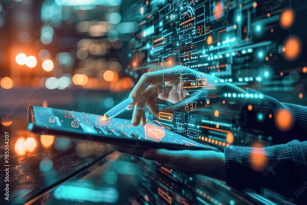 A person using technology for communication and collaboration. Technology visualization. A person using technology for communication and collaboration. Technology visualization.