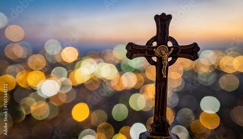 christian symbols against a bokeh background with religious theme photo