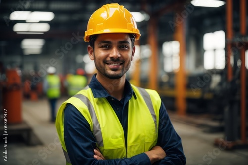 young professional heavy industry engineer wearing hat and safety vest in industrial factory © free