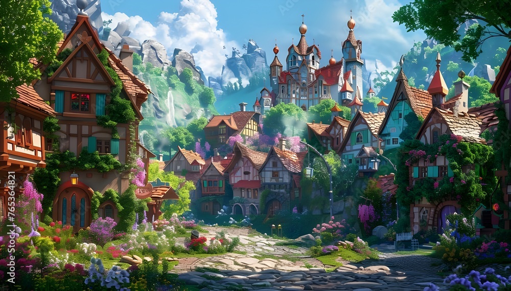 Small Fairy Tale Town. Fiction Backdrop Small Fairy Tale Town. Fiction Backdrop