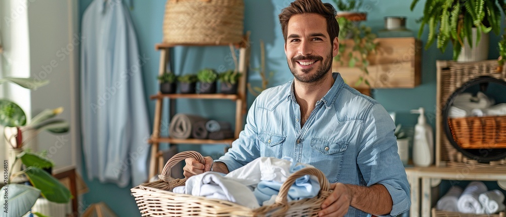 a Joyful person cheerfully ironing and washing clothes at home while carrying a laundry basket.