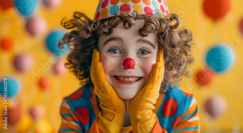 A young clown playing with festive décor in a joyful and colorful birthday or April Fool's celebration.