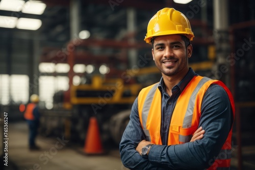 young professional heavy industry engineer wearing hat and safety vest in industrial factory