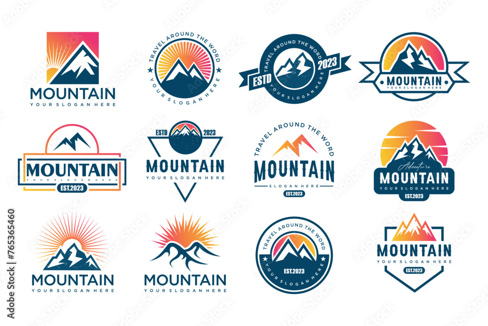 Naklejka premium Mountain icon set logo design . Rocks and peaks logo elements . Vector illustration