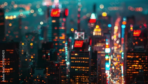 A zoomed out view of a citys skyline at night with the glowing neon lights and litup digital billboards standing out as symbols of the considerable energy use and environmental photo