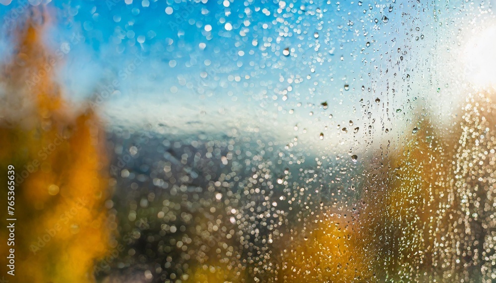 background wet autumn window with raindrops on the glass autumn view copy space