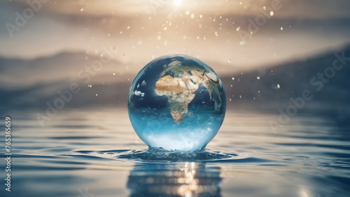 Crystal glass globe in water splash concept for environment and conservation. . Earth crystal glass globe ball. AI generated image  ai