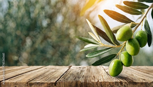 branch of green olives with leaves on empty wooden table on blurred natural background of olive garden sunset sunlight mockup for your design product advertising