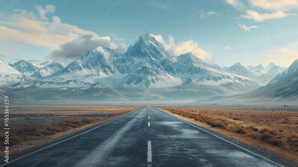 Fototapeta premium A road leading towards a distant mountain range, symbolizing the ambitious goals and aspirations of startups