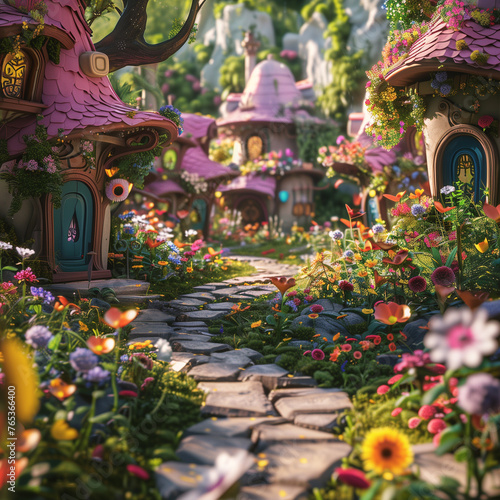 Colorful 3D rendering of a vibrant fantasy cottage surrounded by a lush flower garden