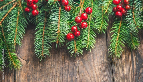 christmas tree banches and red berries background photo