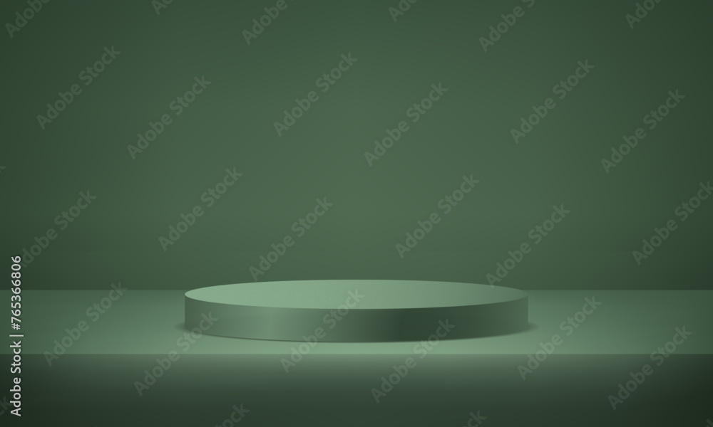 Abstract dark green cylinder pedestal podium. 3d podium minimal abstract background. Template mock up for display of product, Business backdrop. Empty room with light effect. Vector illustration. Abstract dark green cylinder pedestal podium. 3d podium minimal abstract background. Template mock up for display of product, Business backdrop. Empty room with light effect. Vector illustration.