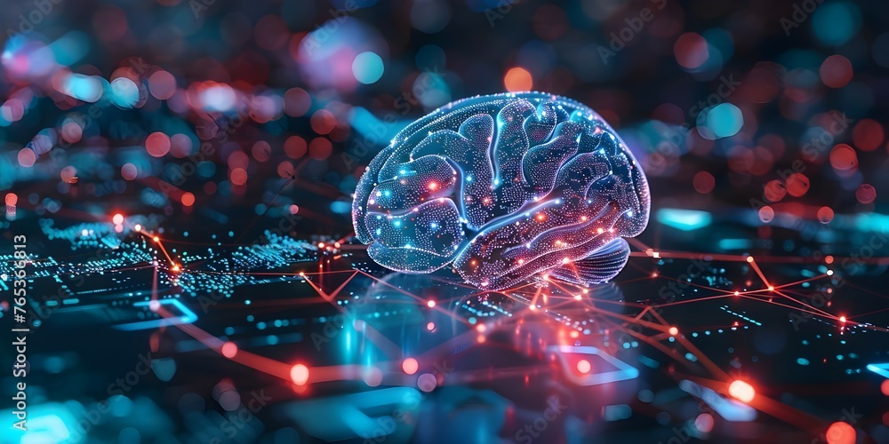 Vision of a Transparent Brain with Implant Linked to AI in a Global Network Setting. Concept Brain Implants, Artificial Intelligence, Global Network, Transparency, Visionaries - obrazy, fototapety, plakaty 