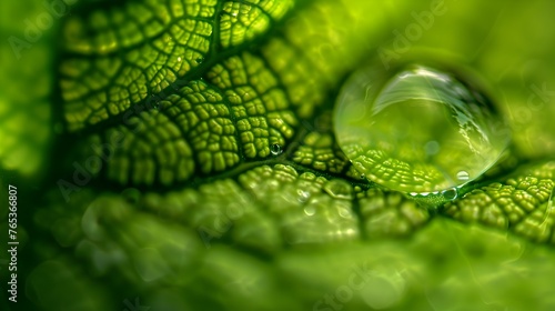 Green nature background with dewdrop on vibrant green leaf veins