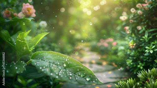 Close-up of dewdrops on a green leaf in an enchanting garden, with soft sunlight filtering through lush greenery and vibrant flowers The background features a small path © JubkaJoy