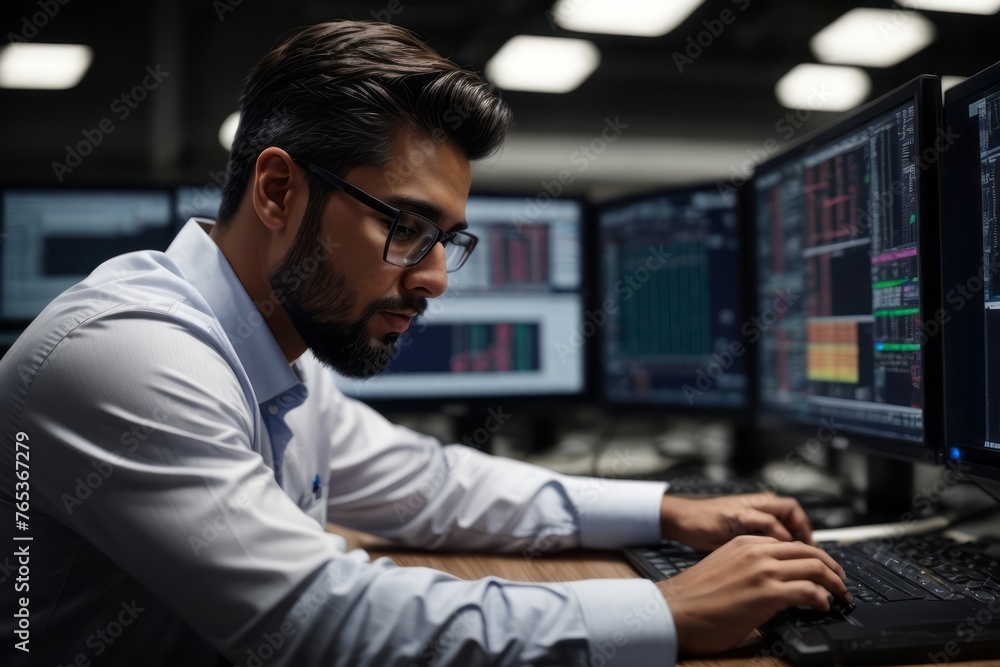 Obraz premium Engineer in front of desktop computer and software with industrial specialization engineering facilities background