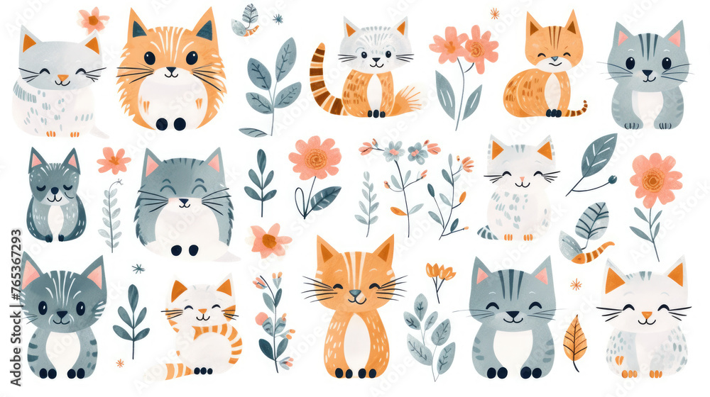 Collection Set of Cute and Funny Cat Wearing Winter Clothes For Christmas Event, Isolated On White Abstract Background. Oil Watercolor Style. With Tree Nature Element. December Winter Season Collection Set of Cute and Funny Cat Wearing Winter Clothes For Christmas Event, Isolated On White Abstract Background. Oil Watercolor Style. With Tree Nature Element. December Winter Season