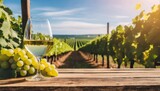 empty wooden table top with glass of white wine on vineyard background with copy space the concept of agricultural cultivation of grapes and wine production wine festival generative