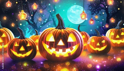 jack o lanterns glowing in a fantastic night halloween background