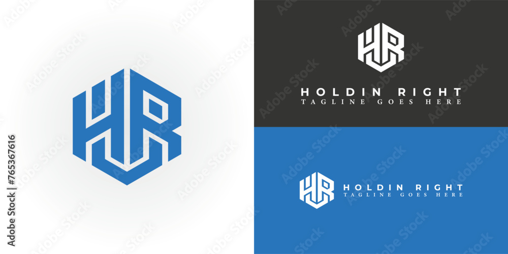 Abstract Initial letter HR or RH logo minimalist monogram hexagon shape logo in blue color isolated on Multiple Backgrounds. Letter HR logo applied for business and consulting company logo icon design - obrazy, fototapety, plakaty 