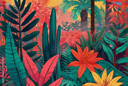 Digital illustration featuring colorful plants and flowers in the jungle. Vibrant and lively artwork. 