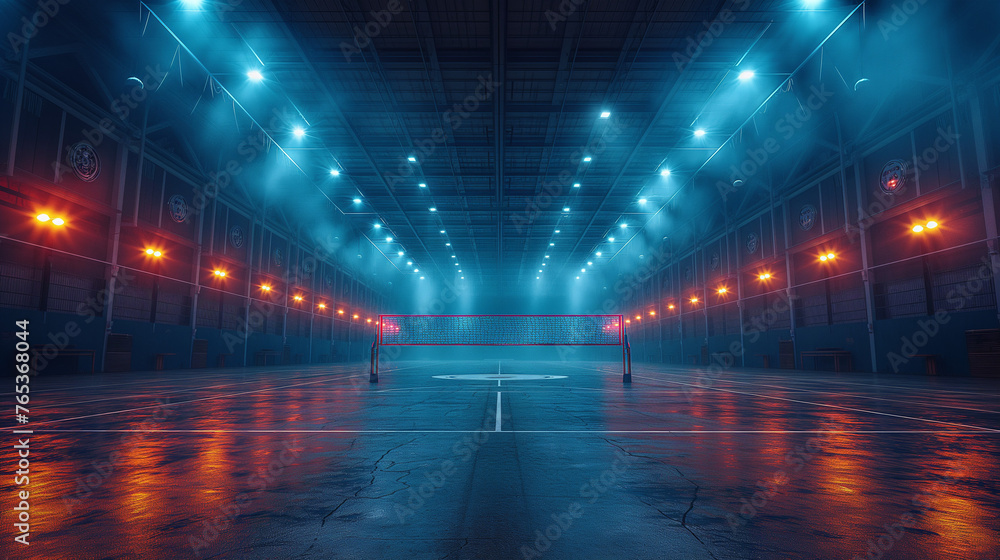 Volleyball stadium with lights off and flickering lights.