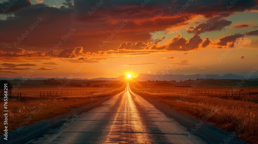 A road leading towards a sunrise over the horizon,  symbolizing the dawn of new opportunities and successes for startups