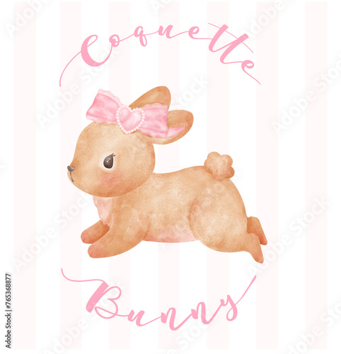 Coquette Bunny, Adorable Brown rabbit with pink ribbon bow watercolor Aesthetic painting