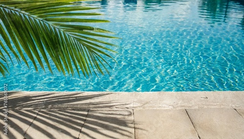 tropical summer background with concrete wall pool water and palm leaf shadow