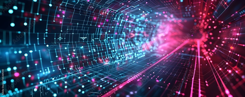 AI digital futuristic technology abstract banner background illuminated by vibrant neon lights, forming a dynamic and interconnected network of systems