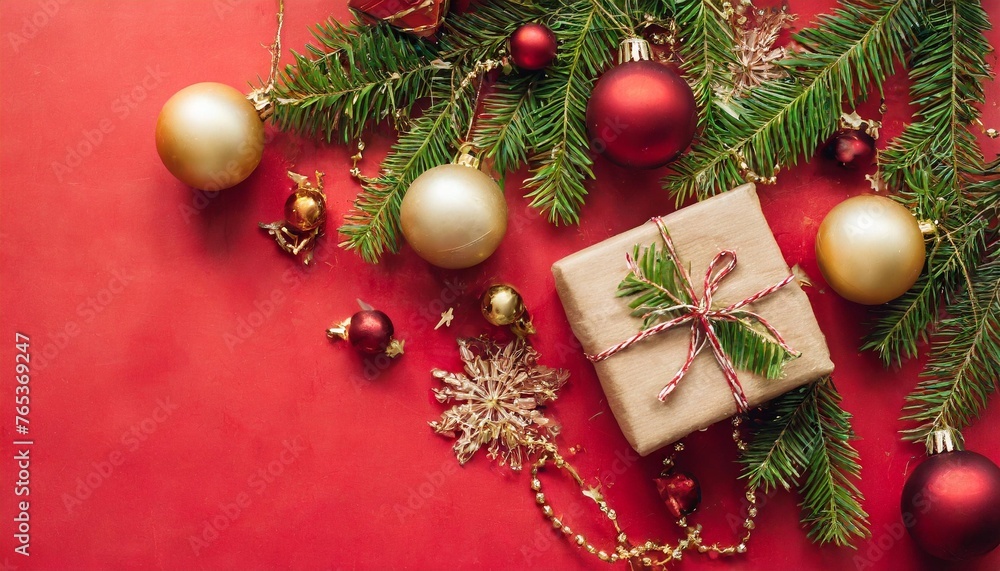 christmas background with balls and gift box with top view christmas background with balls and gift box with top view