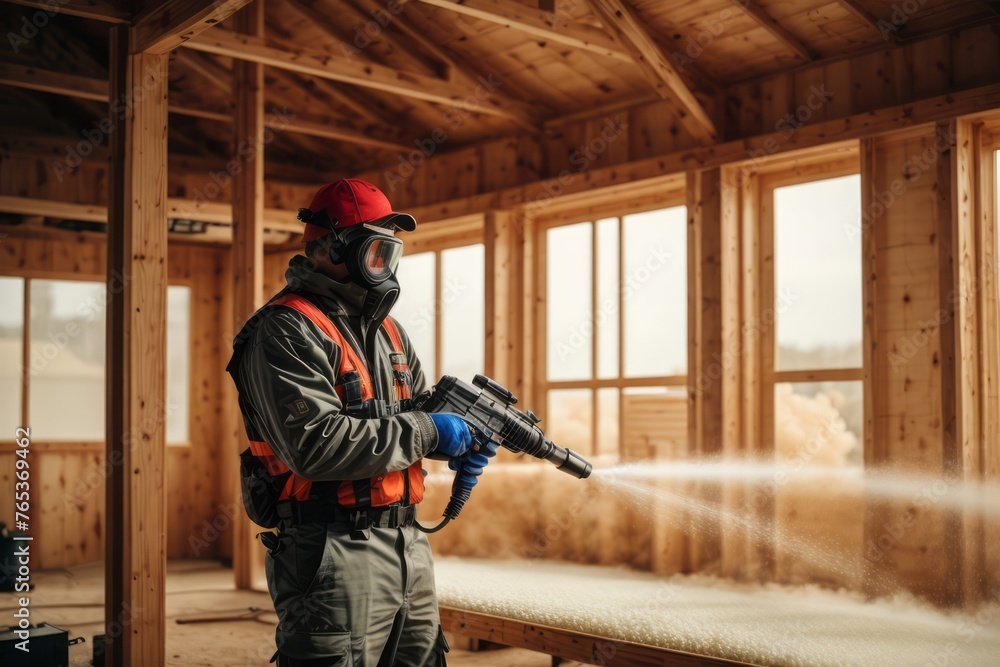 technician spraying foam insulation using plural component gun for polyurethane foam inside wooden frame house