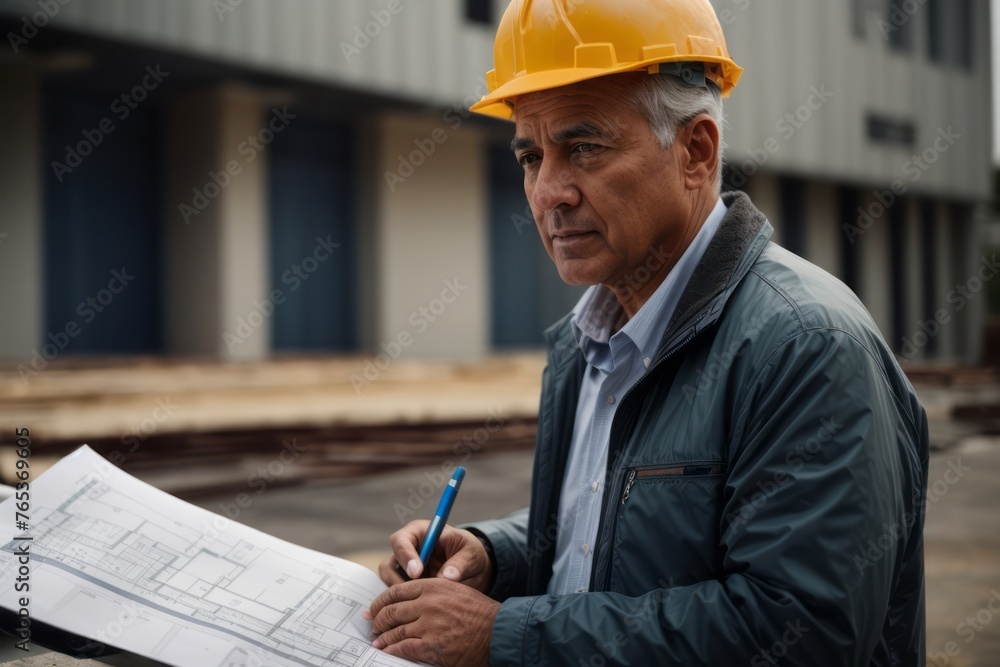 Mature male civil architect engineer checking blueprint at construction site Mature male civil architect engineer checking blueprint at construction site