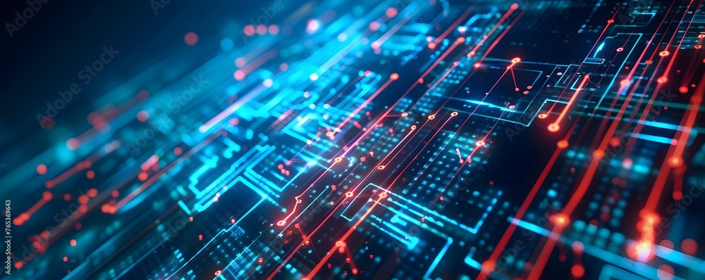 Fototapeta premium Digital futuristic technology abstract banner background Electronic circuit line illuminated by vibrant neon lights, forming a dynamic and interconnected network of systems