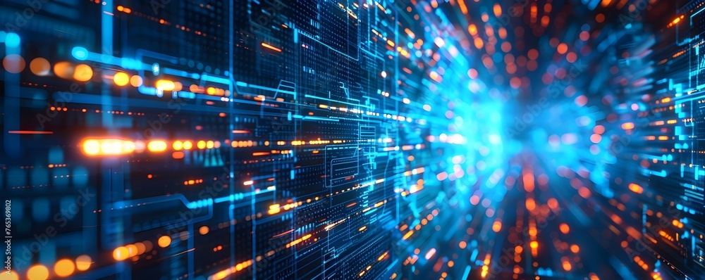 Obraz premium Digital futuristic technology abstract banner background illuminated by vibrant neon lights, forming a dynamic and interconnected network of systems