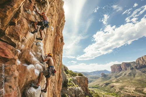 Climbers conquering challenging rock formations in mountain.