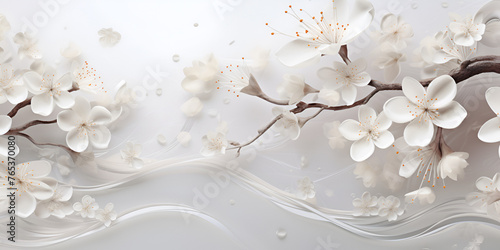 A branch of a cherry blossom with white flowers. Japan elegant spring with white background 