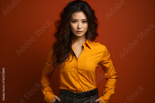 confidence and angry with a young Asian woman 30s wearing orange shirt, on a vibrant yellow background