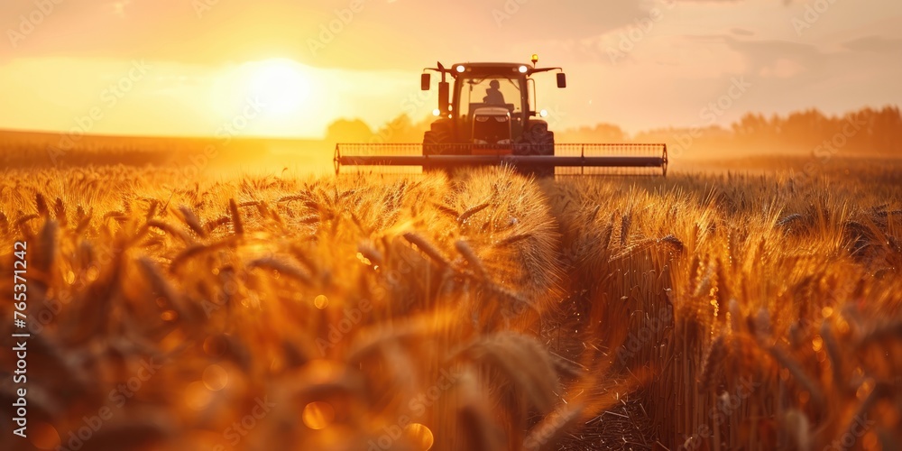 Fototapeta premium Golden wheat field under beautiful sunset sky