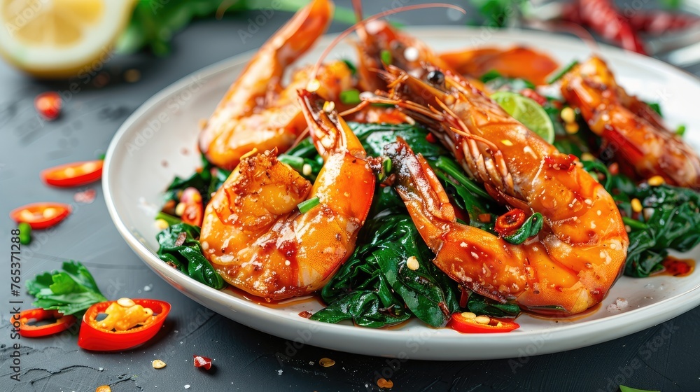 Fried prawns or shrimps with spinach, chili and garlic in white plate. Fried prawns or shrimps with spinach, chili and garlic in white plate.