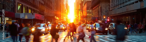people walking across a busy city street at sunset. © powerstock