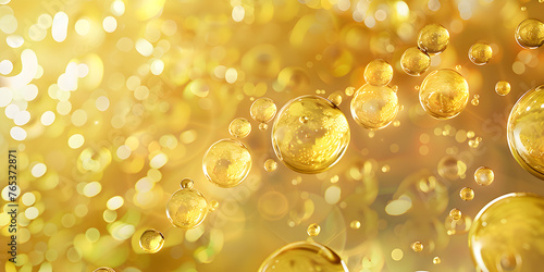 Soap bubbles on gold background, abstract background. Golden background podium soap bubbles, 