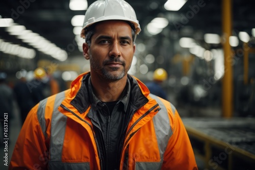Industrial male engineer wearing hat and safety suit at metal heavy industrial manufacturing factory
