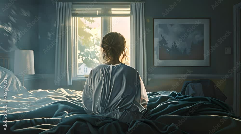 Woman in White Medical Gown Sitting on Bed. Contemplating View from Behind Woman in White Medical Gown Sitting on Bed. Contemplating View from Behind