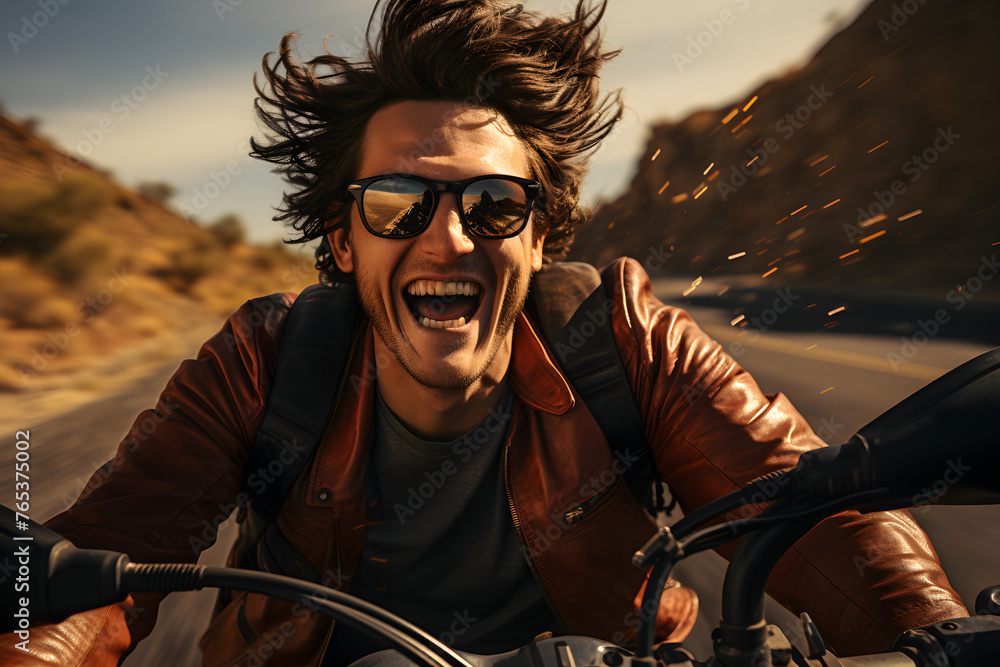 Unrecognizable man driving a motorcycle on a scenic road with wind in his hair and a feeling of freedom
