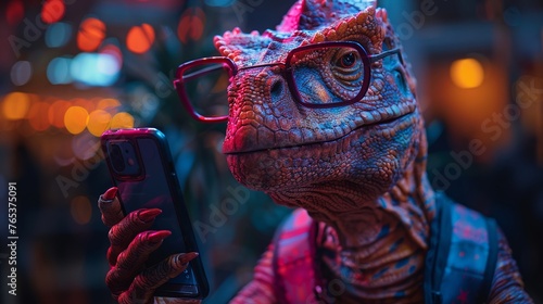 Fototapeta Naklejka Na Ścianę i Meble -  Dino holding cell phone, glasses on, hyperreal, vibrant colors , 8K resolution