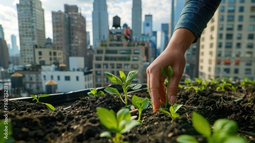 Close-up of hand planting seedling in rooftop garden, hope for greener future, nature-centric. photo