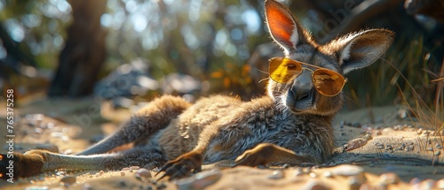 Realistic kangaroo, bikiniclad, sunbathing, glasses on, color rich , 3D style © PTC_KICKCAT